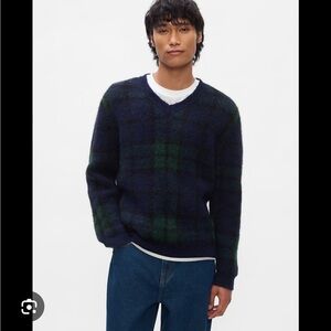 Gap Mens blue and Green Sweater checkered fuzzy